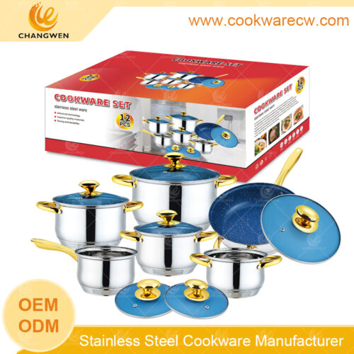 fabricante china juego de utensilios de cocina clásicos de acero inoxidable 12 pzs juego de batería de cocina sartén antiadherente tapa cristal azul mango asa y pomo dorados CW-M1209N