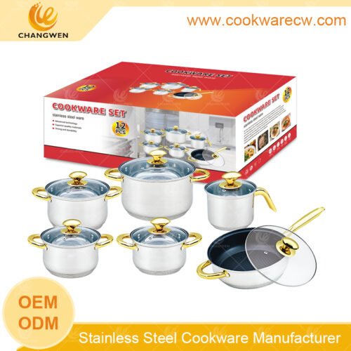 Alta calidad acero inoxidable juego de ollas y sartenes 12 pzs juego de batería de cocina sartén antiadherente con base de 5-9 capasCW-M1212