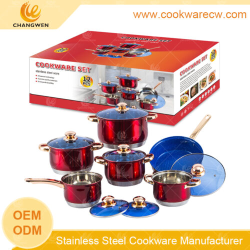 olla de acero inoxidable mayoreo revestimiento color rojo exterior batería de cocina ollas sartén antiadherente 430 base de 5 capas CW-M1225