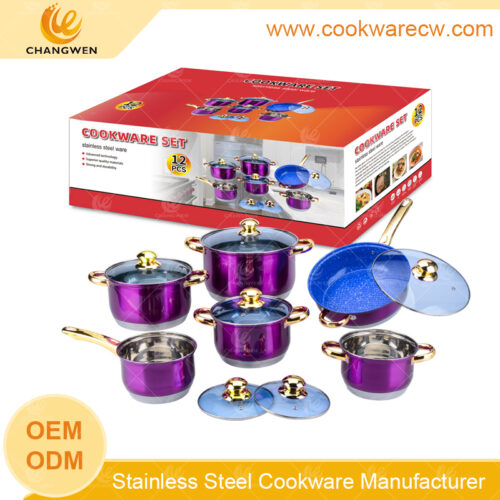 olla de acero inoxidable superficie de revestimiento de color sartén antiadherente mango asa y pomo dorados de acero inoxidable 430 protector para inducción CW-M1225