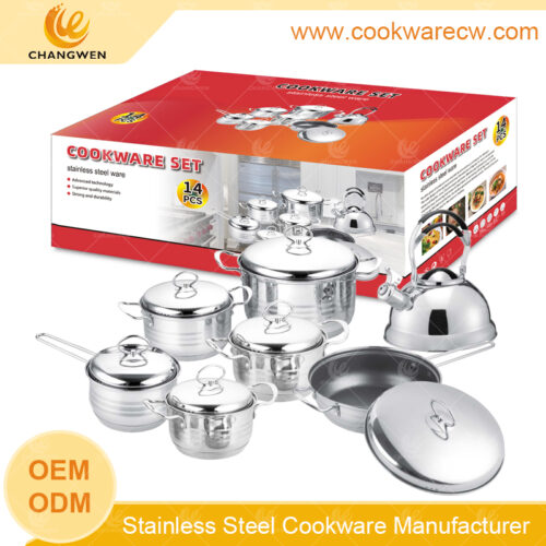 acero inoxidable batería de cocina color plateado juego de cocina cacerolas cazos acero inoxidable con base de 5 capas sartén interior con antiadherente revestimiento CW-M1402G Guangdong FÁBRICA