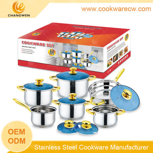 Más hot sale en México acero inoxidable 12 pzs batería de cocina olla y sarten con tapa cristal azul mango asa y pomo dorados con base encapsulada de 7 capas CW-M1209