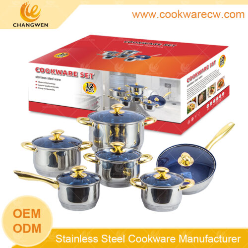 hot sale 12 pzs acero inoxidable juego de batería de cocina juego de ollas 16cm cacerola 24cm olla y sartén antiadherente con base para inducción CW-M1214