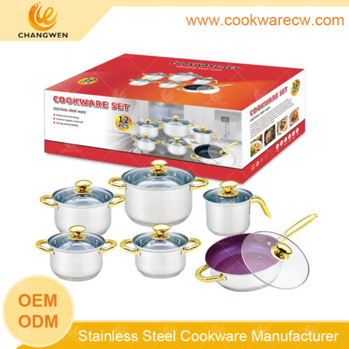 Fábrica ollas mayoreo Juego de utensilios de cocina de acero inoxidable pulido espejo ollas sartén antiadherente revestimiento mármol azul sartenes mango asa pomo dorados base encapsualda CW-M1212