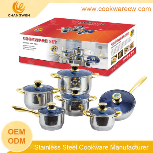 Ollas mayoreo juego de batería de cocina 12 pzs ollas de acero inoxidable y sartenes antiadherente sartén con pomo termostato y mango asa pomo dorados tapa cristal azul CW-M1215
