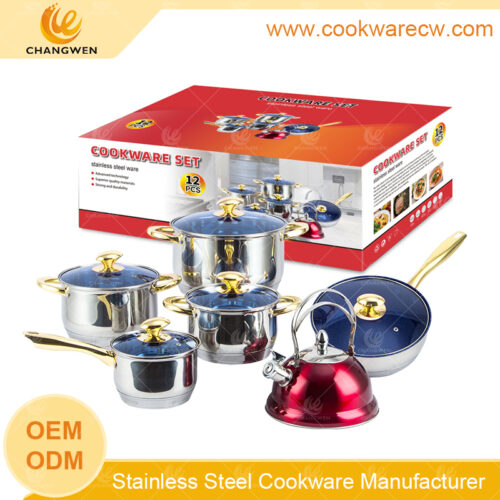 hot sale proveedor de batería de cocina 12 pzs juego de ollas y sarten acero inoxidable juego de bateria de ccina sartén cacerola revestimiento tetera hervidor CW-M1223
