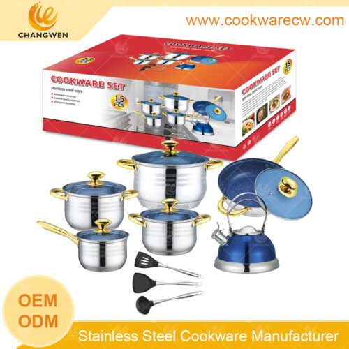 acero inoxidable batería de cocina 15 pzs juegos de cocina mármol azul antiadherente sarten mango asa y pomo dorados base encapsulada 3L tetera silbadora utensilios de cocina  CW-M1501