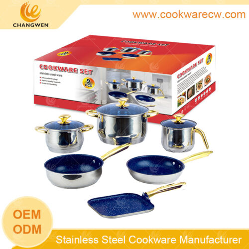 sartén wok 9 pzs acero inoxidable juego de batería de cocina ollas y sartenes con revestimiento antiadherente mango asa y pomo huecos dorados remachados mayorista fábrica CW-M0901