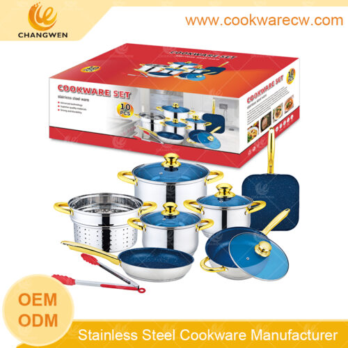 Juego de utensilios de cocina de acero inoxidable sartén antiadherente y ollas olla sartenes vaporera con tapa cristal azul y una pinza CW-M1203