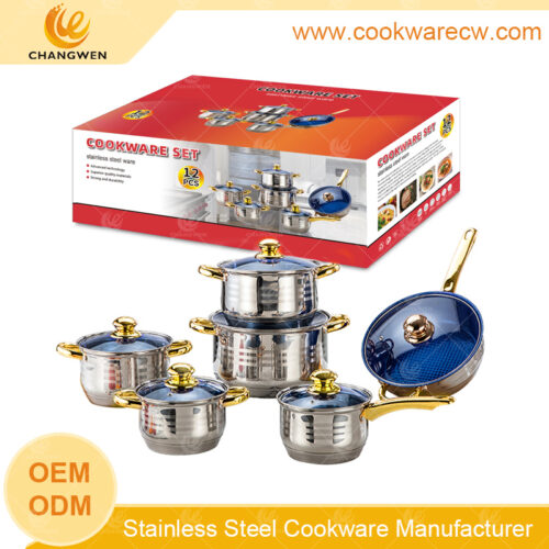 hot sale Advanced Triply - Juego de ollas y sartenes de acero inoxidable batería de cocina cacerola olla sartén antiadherente con mango asa y pomo dorados y base encapsulada de 5 capas CW-M1202