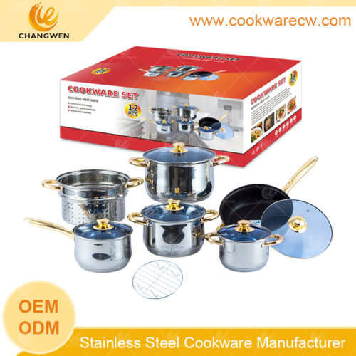 olla de cocina juego de ollas y sartenes de acero inoxidable, set de 12 unidades de batería de cocina sartén revestimiento antiadherente 24cm vaporera con una rejilla de alambre de acero inoxidable utensilio de cocina CW-M1205