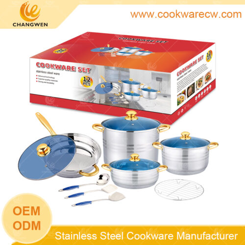popular acero inoxidable 12 pzs juego de batería de cocina juego de ollas y sarten wok olla sartén con utensilios de cocina y rejilla de alambre CW-M1208