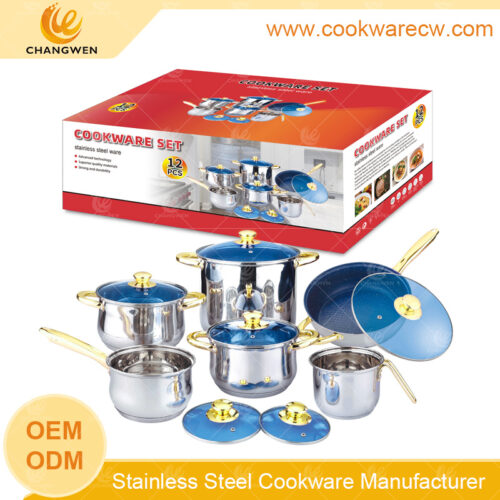 Hot sale 12 pzs acero inoxidable juegos de cocina olla alta sopera ollas de cocina cacerola olla y pocillo sartén antiadherente CW-M1209