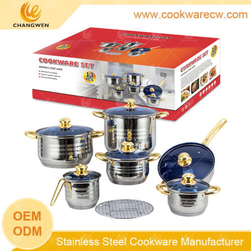 Precio de mayoreo acero inoxidable ollas y sartenes vaporera rejilla juego de bateria de cocina revestimiento interior mango de alambre dorado pocillo con tapa cristal azul CW-M1304