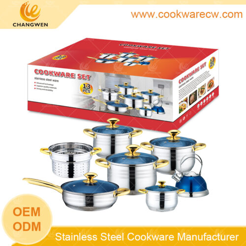 Mercado Libre acero inoxidable 13 pzs Juego de utensilios de cocina de acero inoxidable de cocina tetera olla para pasta sartén antiadherente mango asa dorados revestimiento azul  CW-M1305