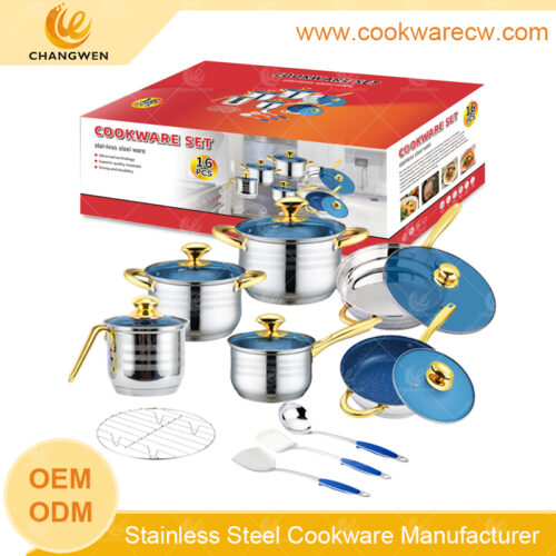 Pesado alta calidad acero inoxidable ollas y sartenes 12 pzs juego de cacerolas de acero inoxidable con sartén antiadherente dorada rejilla de vapor y volteador ranurado espátula cucharón CW-M1601