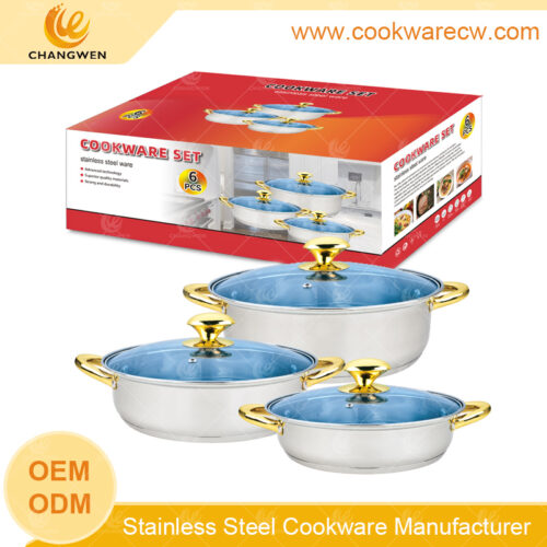juego de ollas mayoreo acero inoxidable 6 pzs arrocera batería de cocina olla corta dorada cocción ollas bajas con asa doradas y tapas cristales azules CW-M0606
