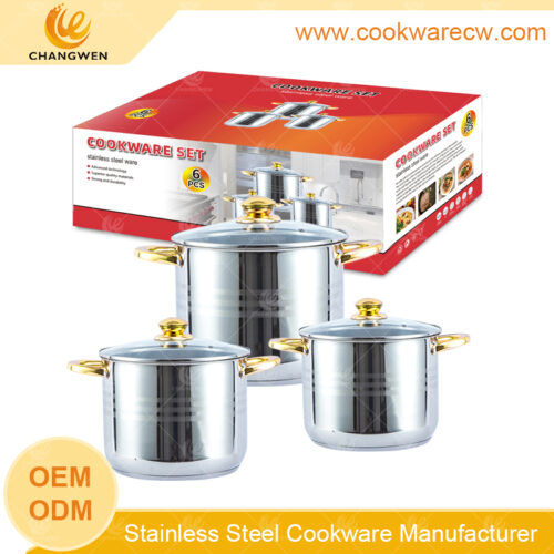 Hot sale 6 pzs acero inoxidable juego de ollas 11L 13L 16L olla alta sopera gran capacidad batería de cocina con asa hueca chapada en cobre y tapa cristal CW-M0607