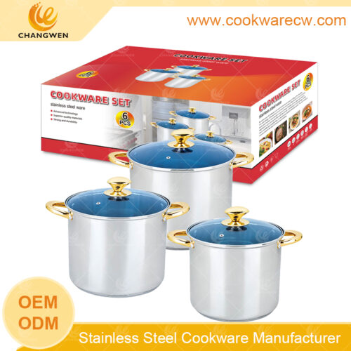 Alta calidad juego de ollas de acero inoxidable 6 pzs juego de olla alta sopera 11L 13L 16L gran capacidad batería de cocina con asa hueca chapada en oro y tapa cristal CW-M0607