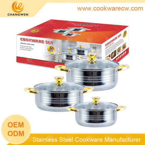 Fábrica al por mayor de olla de acero inoxidable ollas eléctricas de arroz cápsula solenoide olla poco profunda 6 tapa de vidrio olla corta con mango de oro CW-M0608