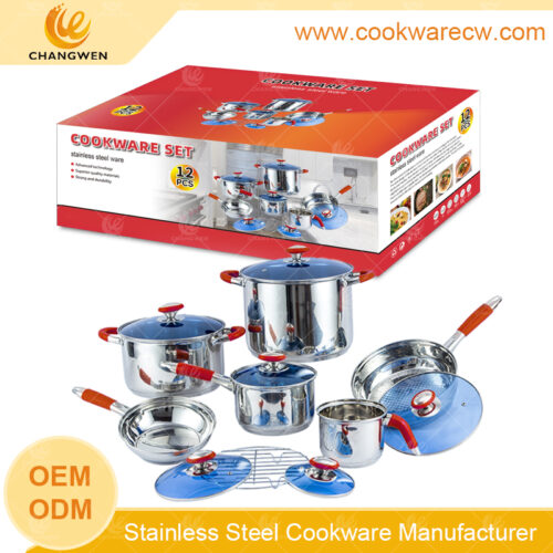 Hot sale 12pzs acero inoxidable juego baterías de cocina popular ollas y sartenes de cocina olla alta sopera con silicona roja rejilla de vapor fábrica china personalizada caja de color CW-M1306G-03