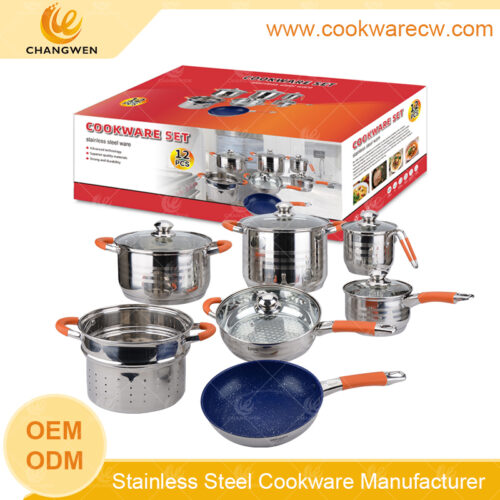 Juego de utensilios de cocina baterías de cocina de acero inoxidable de 12 piezas con asas de silicona con revestimiento de antiadherente sartén cónica olla de pasta de 24 cm en China CW-M1311