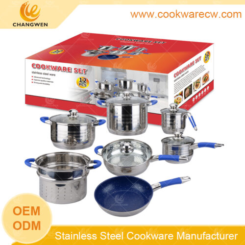 Juego de ollas y sartenes de acero inoxidable de 12 Uds. Bateria de cocina con asas de silicona de colores, sartén cónica con revestimiento antiadherente, olla para pasta de 24cm en China CW-M1311