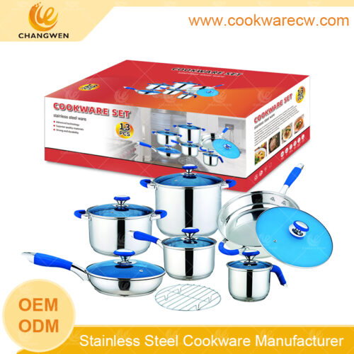 Recién lanzado juego 13 pzs acero inoxidable de baterías de cocina con rejilla de alambre de hierro sartén parrilla con asa pulido espejo olla alta sopera cocina cacerola y olla  CW-M1306G-02