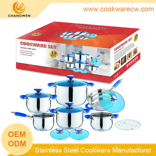 Precio de mayoreo acero inoxidable ollas y sartenes antiadherente pulido espejo juego de bateria de cocina cacerola pocillo ollas con silicona azul y tapas cristales azules rejilla de vapor de alambre CW-M1307G-01