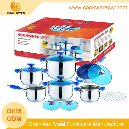 Mayoreo acero inoxidable ollas pulido espejo batería de cocina juego de ollas de cocina sartén antiadherente pocillo ollas cacerola con tapa cristal azul y silicona rejilla de hierro de alambre CW-M1307G-01