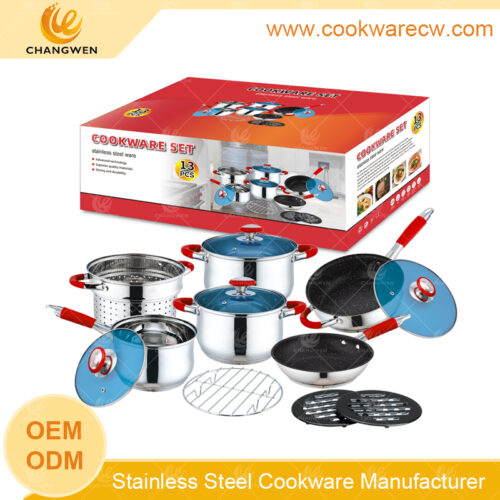 Alta calidad ollas de acero inoxidable mayoreo olla para pasta sartén antiadherente juego de cacerola ollas con silicona roja rejilla de vapor salvamanteles en negro de aislamiento térmico CW-M1303G