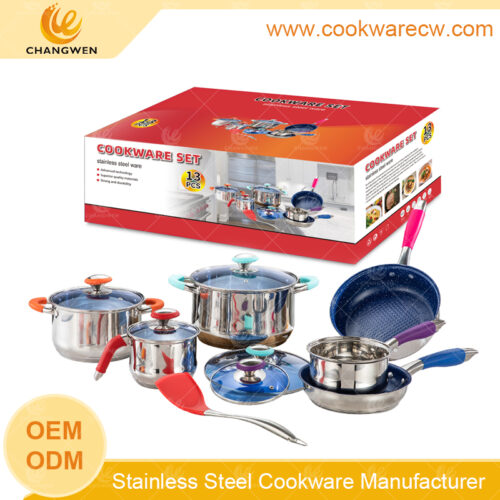 fabricante china acero inoxidable juego de ollas y sartenes 12 pzs juego de sartenes antiadherentes juego pulido espejo batería de cocina 3L tetera olla alta sopera juego de cocina rejilla de vapor CW-M1206G