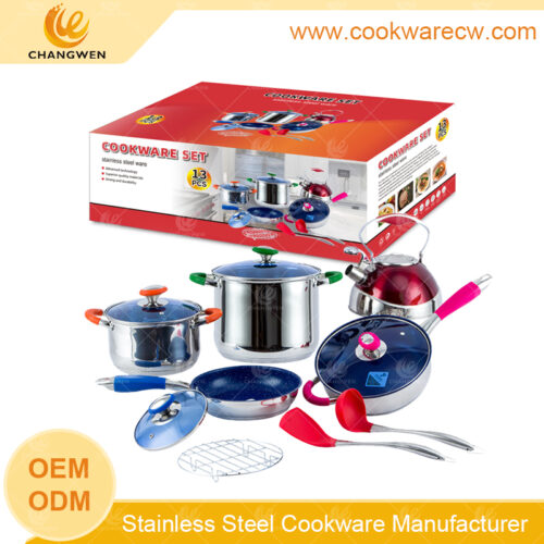 Ollas de peso pesado mayoreo 13 pzs acero inoxidable batería de cocina silicona de colores juego de ollas juego de sartenes antiadherentes parrilla con base encapsulada de 5 capas 3L tetera con cesta de freír utensilios de cocina espátula cucharón CW-M1302G