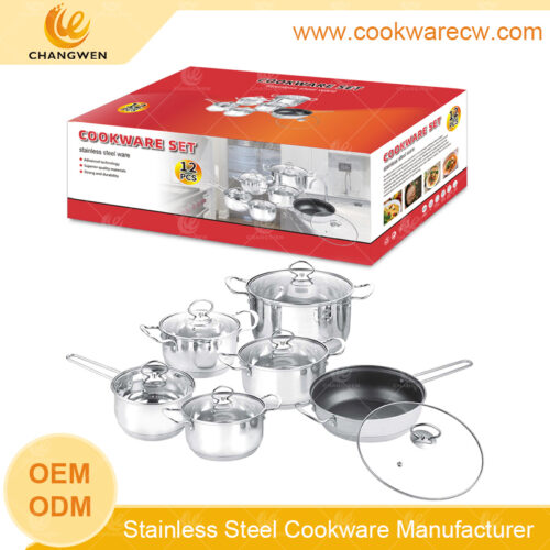 Nuevo diseño acero inoxidable 12 pzs color plateado mayoreo mango asa y pomo de alambre batería de cocina pulido espejo cacerola olla ollas de cocina juego de sartenes antiadherente revestida CW-M1218