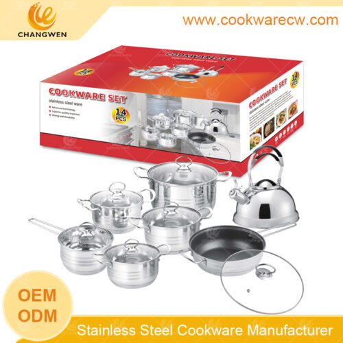 juego de batería de cocina acero inoxidable color plateado sartén cacerola tapa cristal antiadherente olla revestida base encapsulada CW-M1402G-1 fábrica OEM