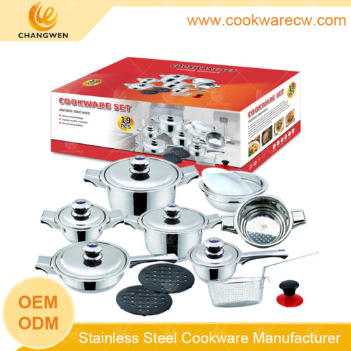 Peso pesado juego de batería de cocina ollas vaporeras de acero inoxidable 19 pzs ollas y sartenes con pomo termostato y mango y asa de aislamiento térmico cesta de freír tazón mezcla con tapa PP utensilios de cocina salvamanteles pomo de succión CW-M1901G
