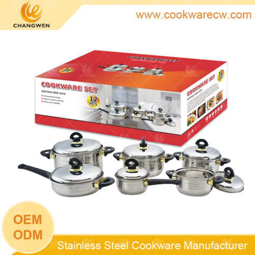 China juego de baterías de cocina 12 pzs ollas mayoreo acero inoxidable  tapas mango asa y pomo en negro  sartén cacerola sartén CW-M1229B