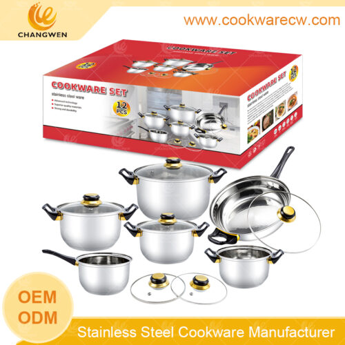 Personalizada caja de color 12 pzs acero inoxidable juego de Batería de cocina pulido espejo olla cacerola sartén mayoreo batería de cocina fábrica fabricante china CW52010-12