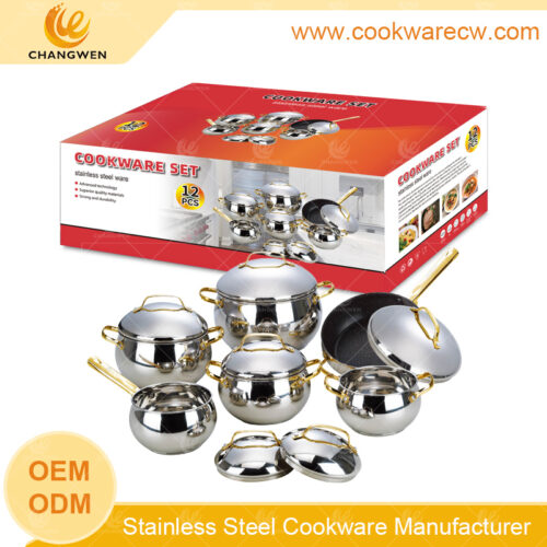 Ollas mayoreo forma manzana juego de baterías de cocina pulido espejo tapa de acero inoxidable mango asa y pomo dorados de alambre sartén antiadherente CW-M1220