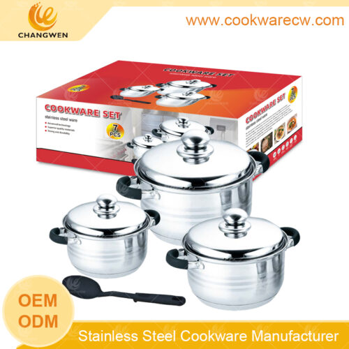 Mercado libre hot sale batería de cocina 7 pzs cocción juego de ollas tapa de acero inoxidable asa silicona utensilio de cocina cuchara de servir sólida CW-M0702G