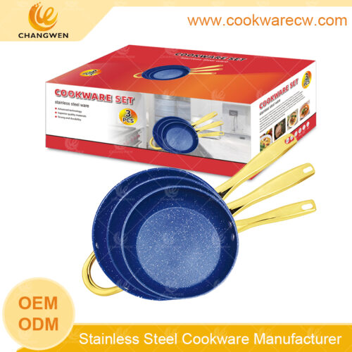 Fábrica mayoreo sarten acero inoxidable 3 pzs mármol azul antiadherente juego de sartén mangos chapados en oro CW-M0301-02 Fábrica mayoreo acero inoxidable sartenes 3 pzs mármol azul antiadherente juego de sartén mangos chapados en oro CW-M0301-02
