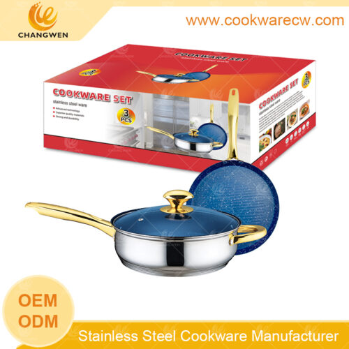 Fábrica china mayoreo juego de sartenes antiadherentes mármol azul aceroinoxidable pulido espejo sartenes mangos y pomos dorados CW-M0303