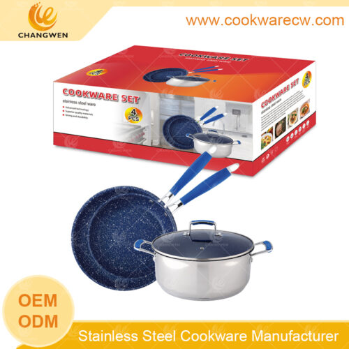 Personalizada caja de color 4 pzs acero inoxidable juego de sartén revestimiento antiadherente mármol azul tapa silicona mayoreo utensilios de cocina CW-M0401G