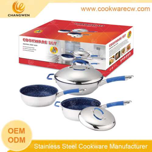Caja de color personalizada, sartén wok chino juego de sartenes de 3 uds, sartenes con revestimiento antiadherente de mármol azul, tapas de acero inoxidable y cubierta de silicona azul CW-M0501G