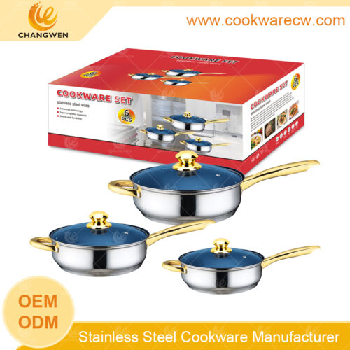 Mayoreo nuevo diseño acero inoxidable batería de cocina 3 pzs juego de sartenes revestimiento antiadherente mármol azul mangos y pomos dorados tamaño ajustable CW-M0614