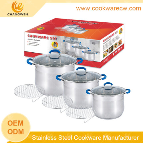 Juego de ollas acero inoxidable de peso pesado color plateado con asas y perillas de tubo, vaporeras de alambre de silicona cubiertas, utensilios de cocina fabricados en China CW-M0902