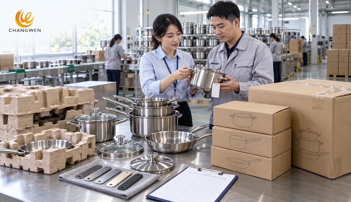 Equipo chino aprobando una muestra maestra y empaque de batería de cocina