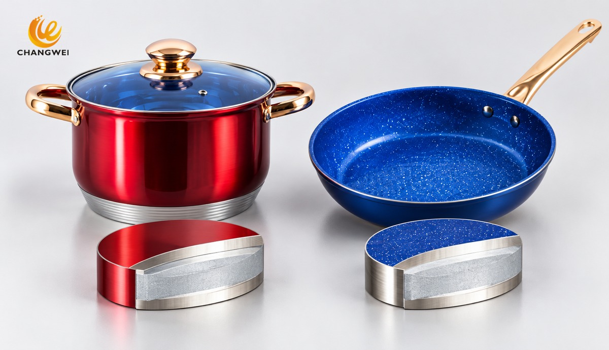 Comparación visual de olla y sartén con capas de distribución térmica