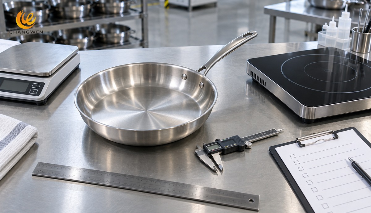 Control de una muestra de sartén de acero inoxidable antes de producción