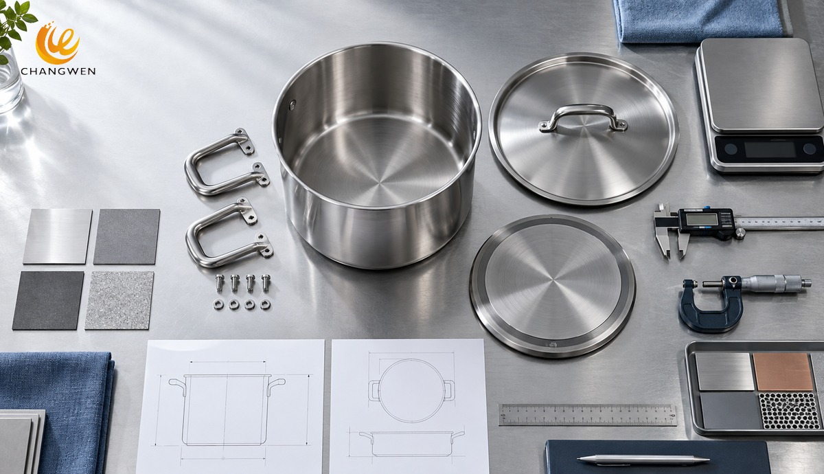 Componentes y herramientas para especificar una olla de acero inoxidable